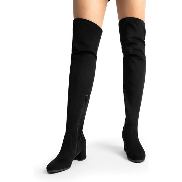 Women's Black-suede Faux Leather Over The Knee Thigh High Chunky Heel Long Boots - Picture 3 of 6